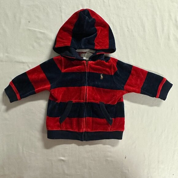 Ralph Lauren - Full Zip red/navy hooded Velour Baby jacket/hoodie - Picture 1 of 6